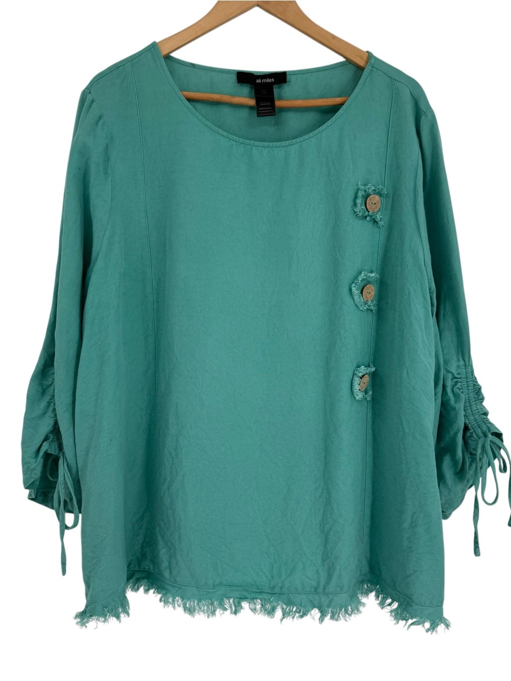 Ali Miles Linen Blend Blouse Womens Size 2X Cinch-Sleeve Raw Hem Green tunic